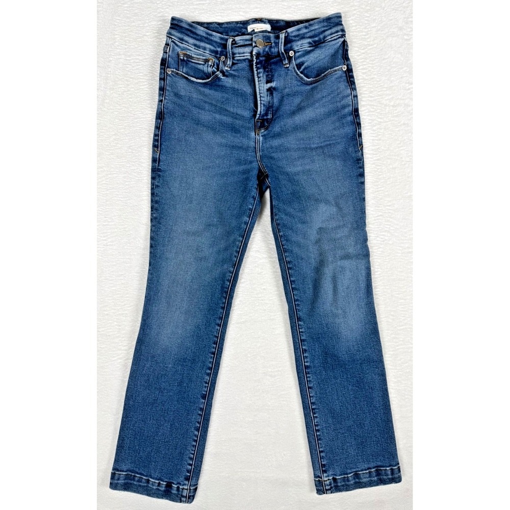 Good American Good Legs Straight Jeans Women 6/28 Blue Stretch Denim Distressed